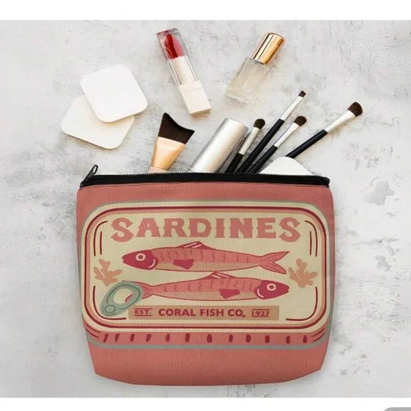 New Pink and Cream Sardines Make Up Carryall Canvas Zip Top Pouch OS - Picture 3 of 15